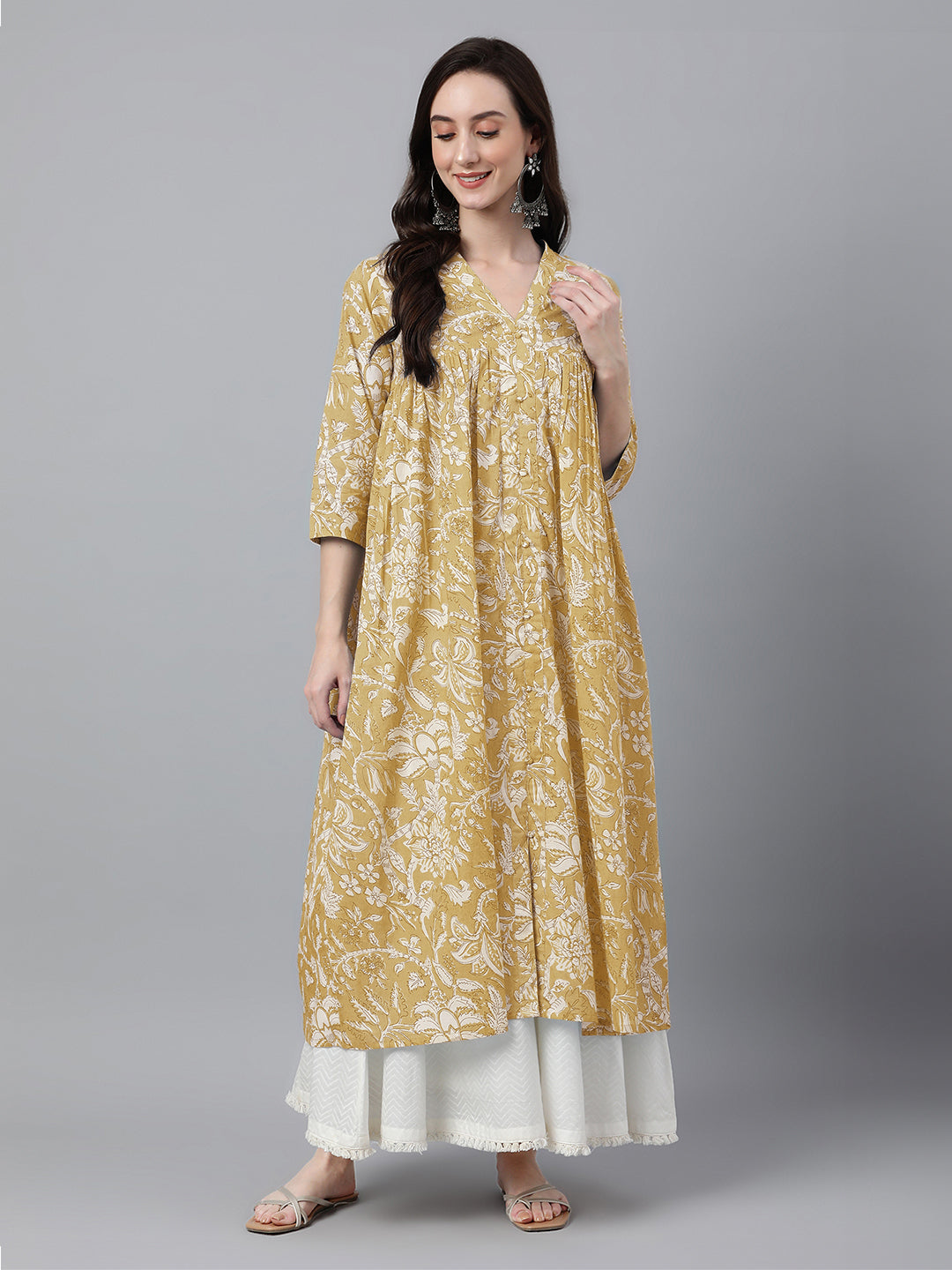 Naari By Shree Mustard Pure Cotton Floral Printed Flared Kurta