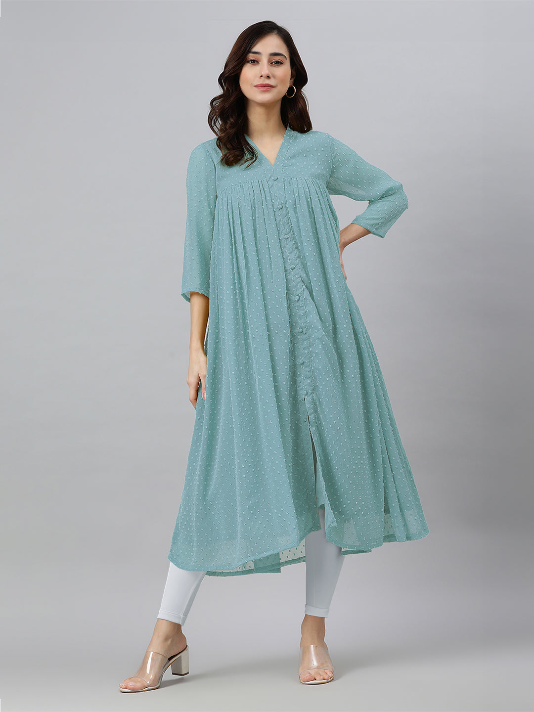 Naari By Shree Blue Dobby Chiffon Self Design Flared Kurta