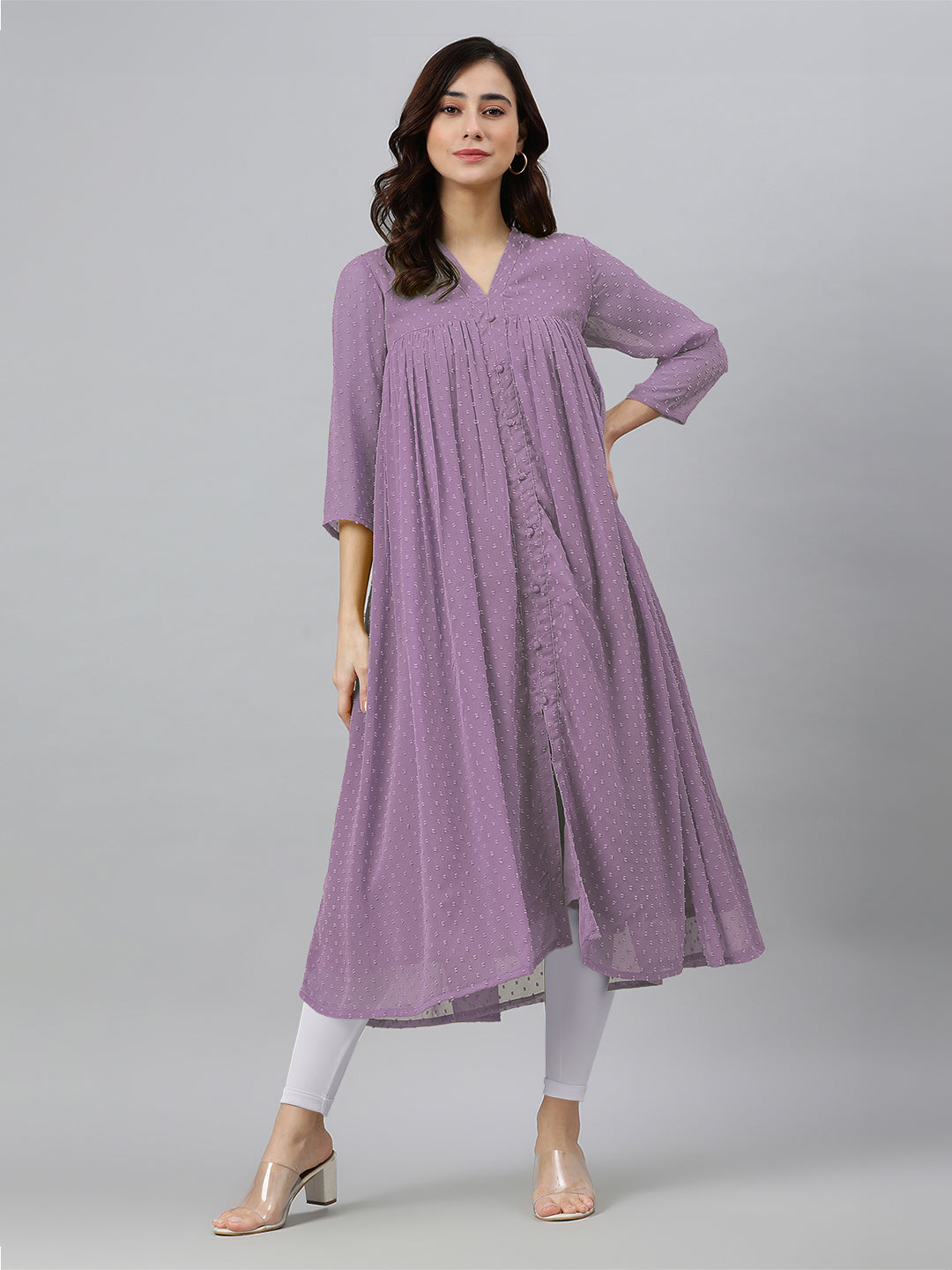 Naari By Shree Lavender Dobby Chiffon Woven Design Front Slit Flared Kurta