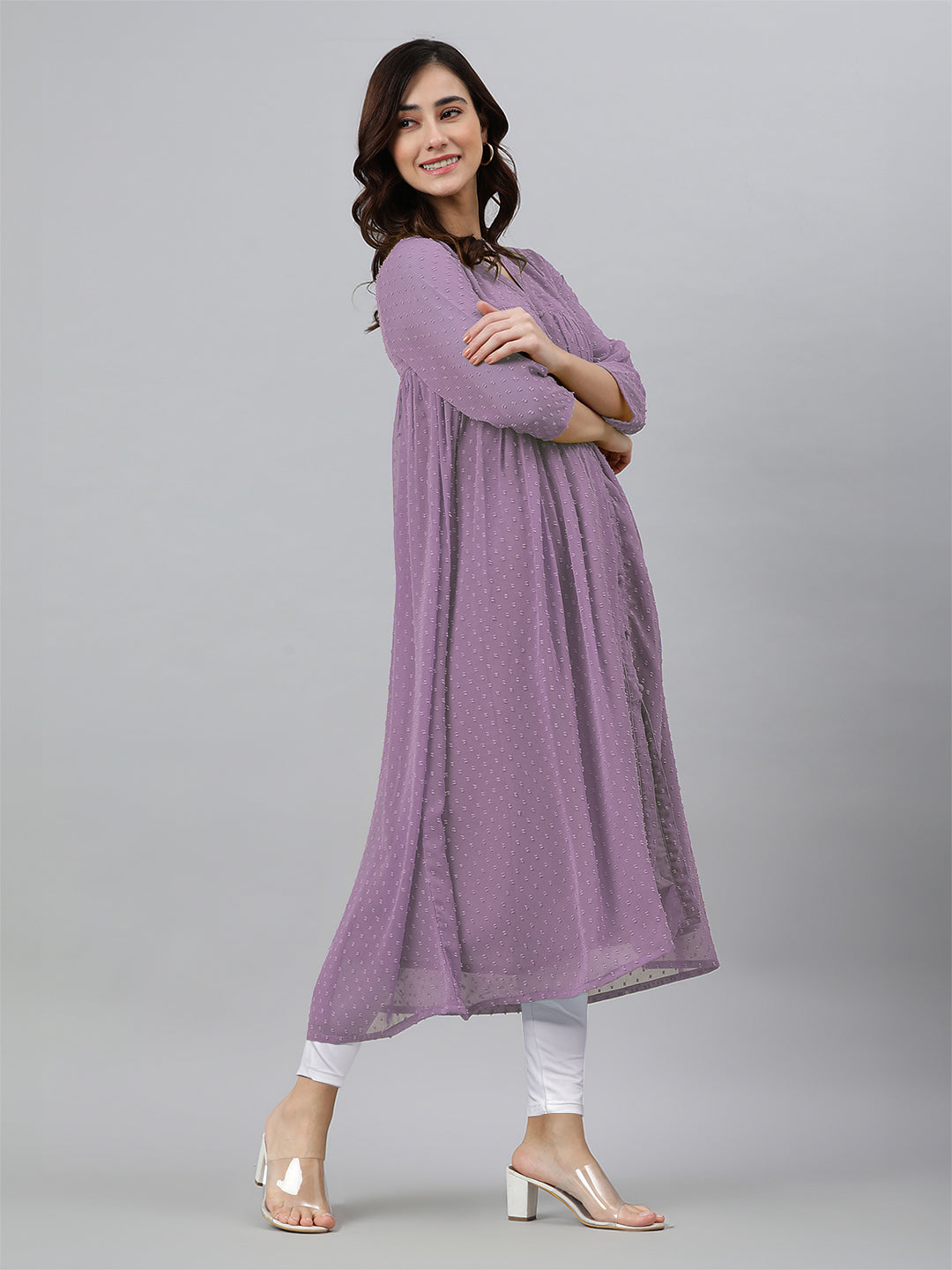 Naari By Shree Lavender Dobby Chiffon Woven Design Front Slit Flared Kurta