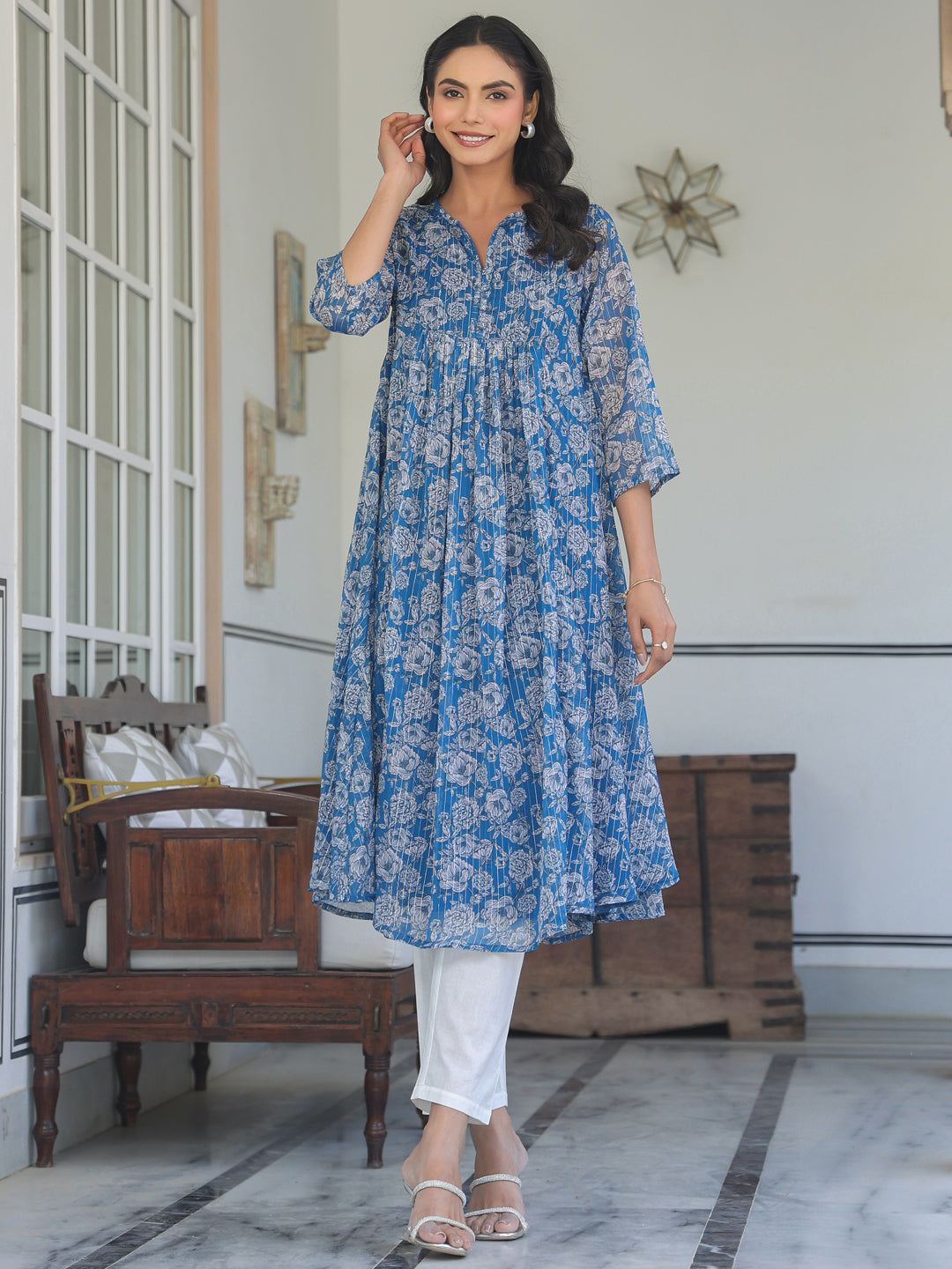 Naari By Shree Women's Blue Chiffon Lurex Floral Printed A-line Kurta