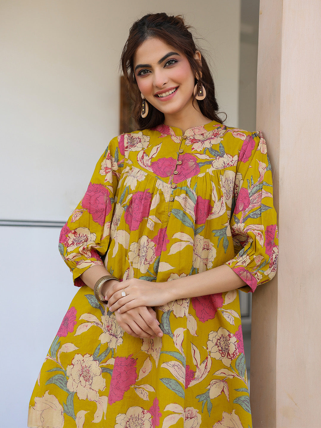 Naari By Shree Mustard Pure Cotton Floral Printed A-line Tunic