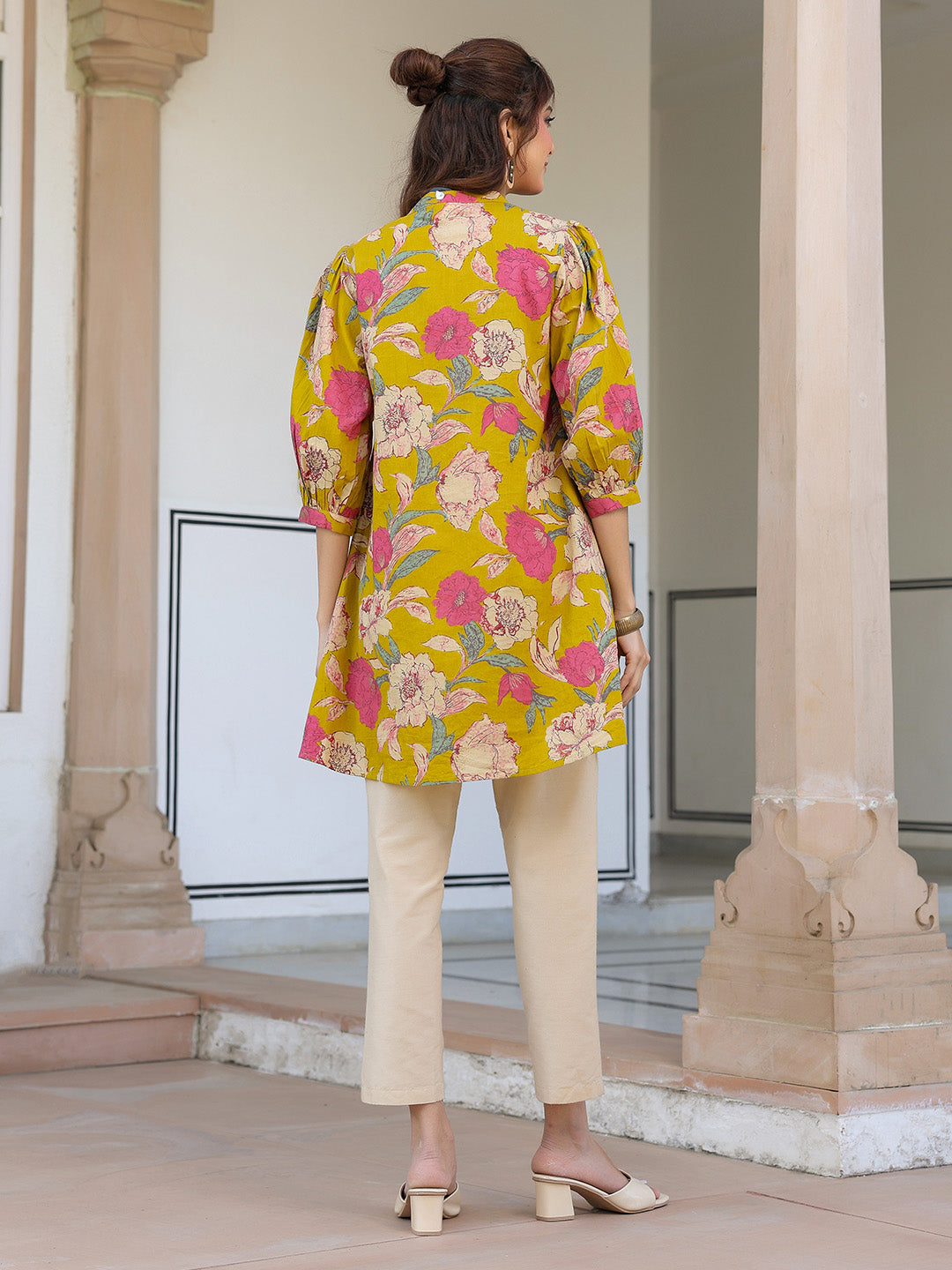 Naari By Shree Mustard Pure Cotton Floral Printed A-line Tunic
