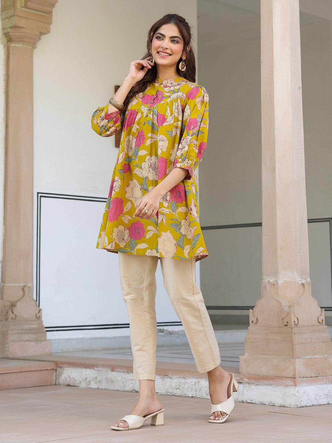 Naari By Shree Mustard Pure Cotton Floral Printed A-line Tunic