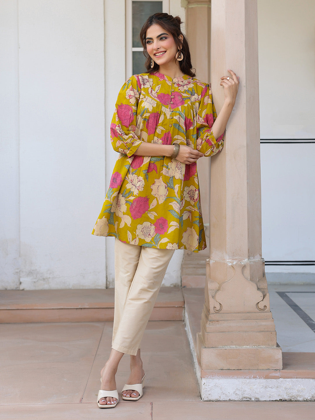 Naari By Shree Mustard Pure Cotton Floral Printed A-line Tunic