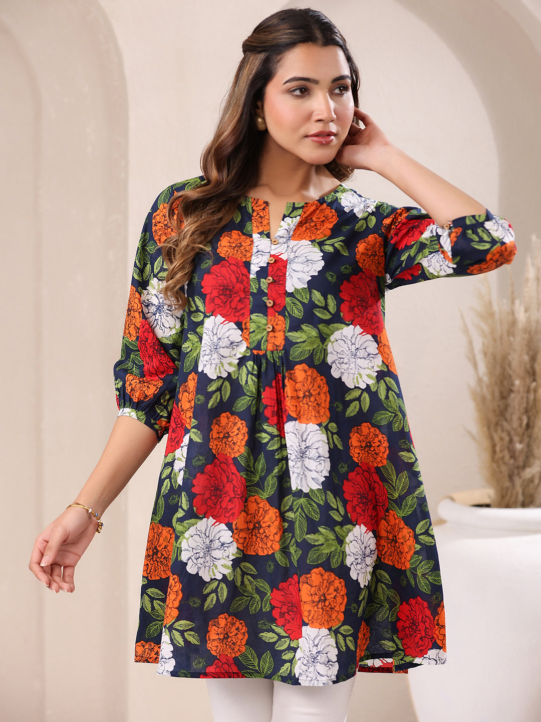 Naari By Shree Blue Pure Cotton Floral Printed A-Line Tunic
