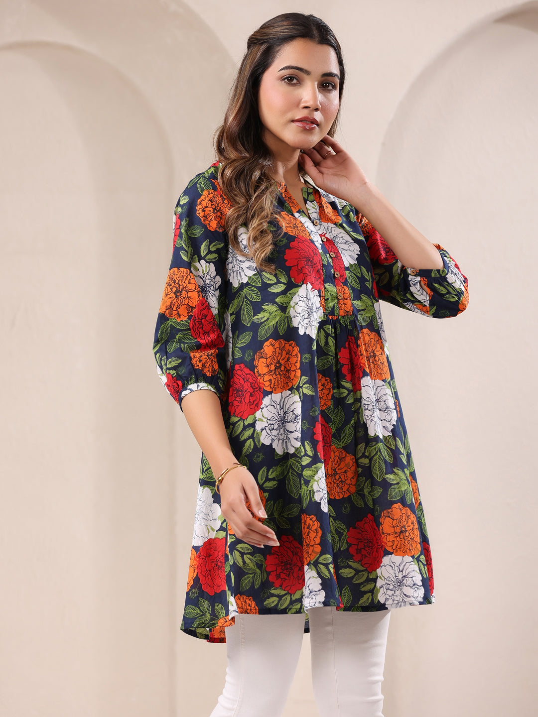 Naari By Shree Blue Pure Cotton Floral Printed A-Line Tunic