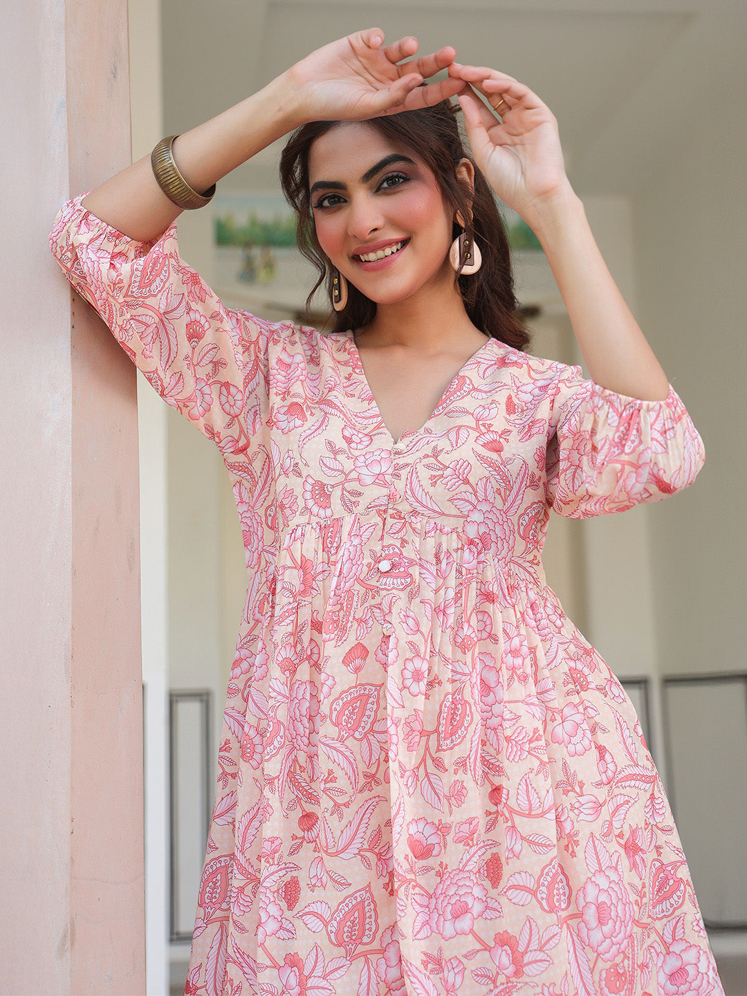 Naari By Shree Peach Georgette Floral Printed Gathered Tunic