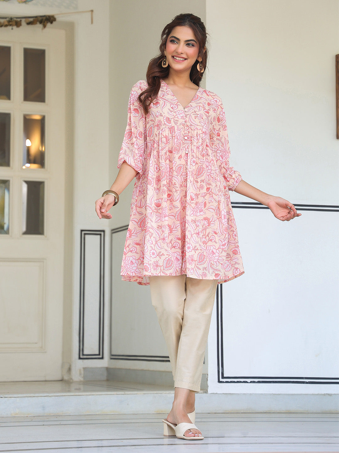 Naari By Shree Peach Georgette Floral Printed Gathered Tunic