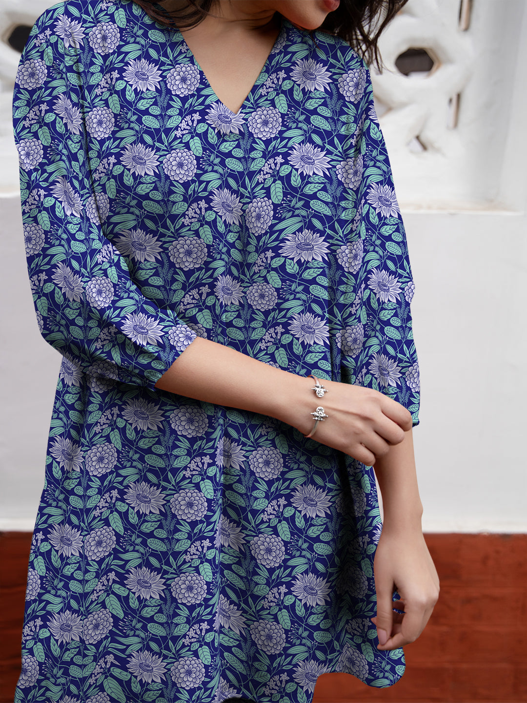 Naari By Shree Blue Georgette Floral Printed A-Line Tunic