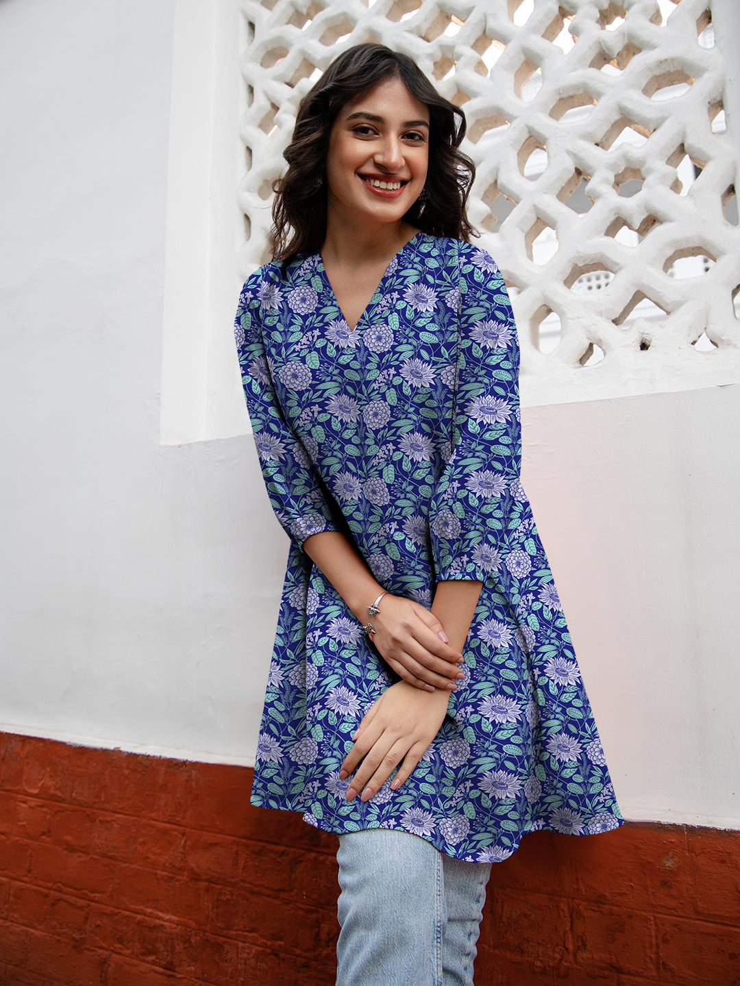 Naari By Shree Blue Georgette Floral Printed A-Line Tunic