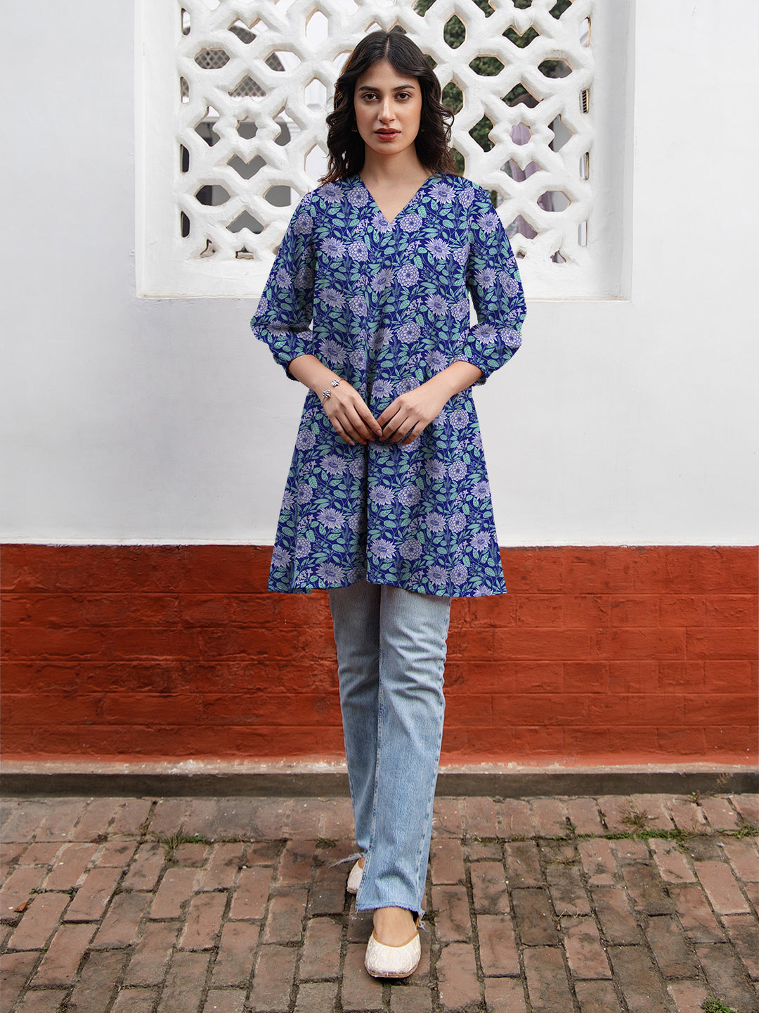 Naari By Shree Blue Georgette Floral Printed A-Line Tunic