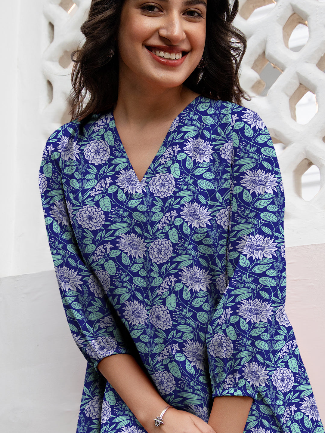 Naari By Shree Blue Georgette Floral Printed A-Line Tunic