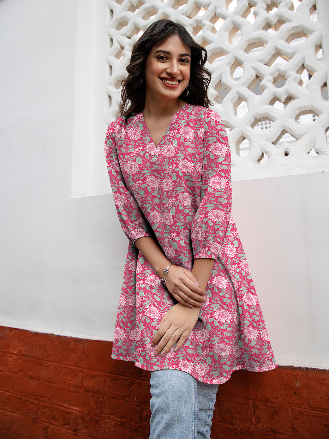 Naari By Shree Pink Georgette Floral Printed A-Line Tunic