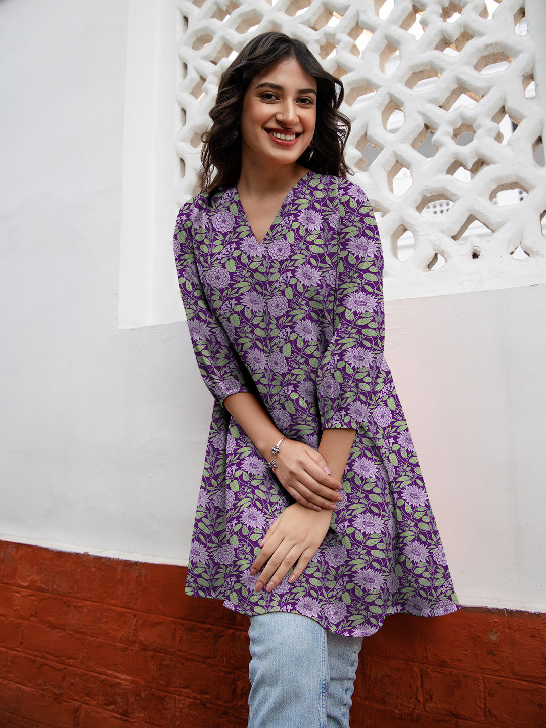 Naari By Shree Purple Georgette Floral Printed A-Line Tunic