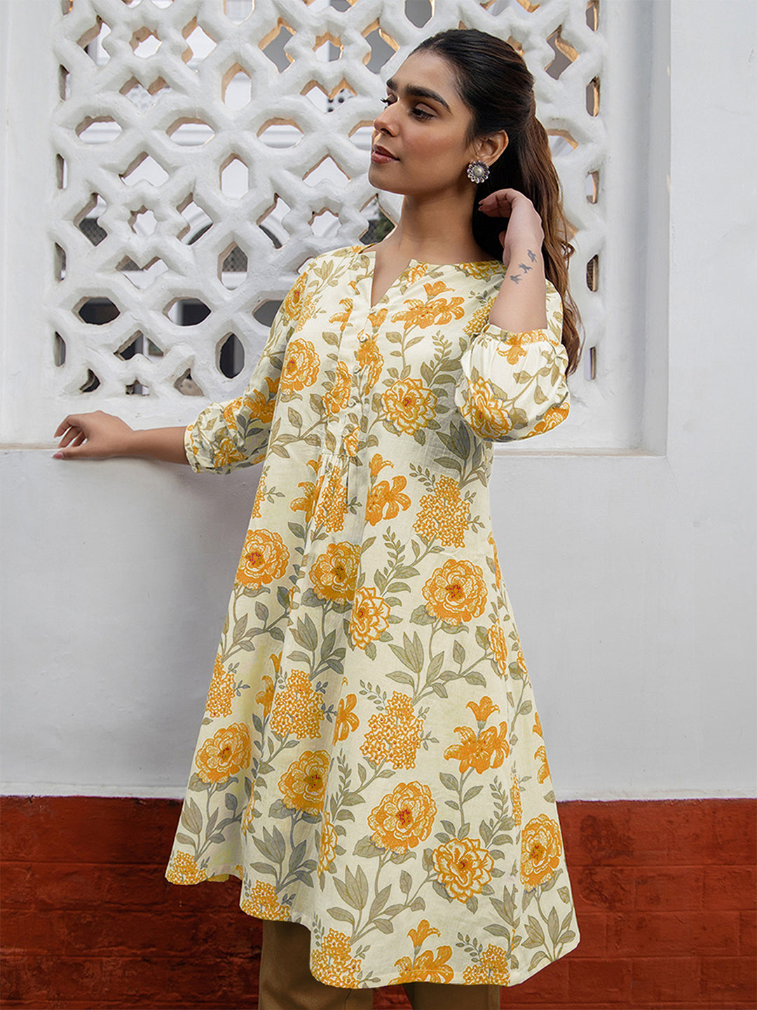 Naari By Shree Off White Pure Cotton Floral Printed A-Line Tunic
