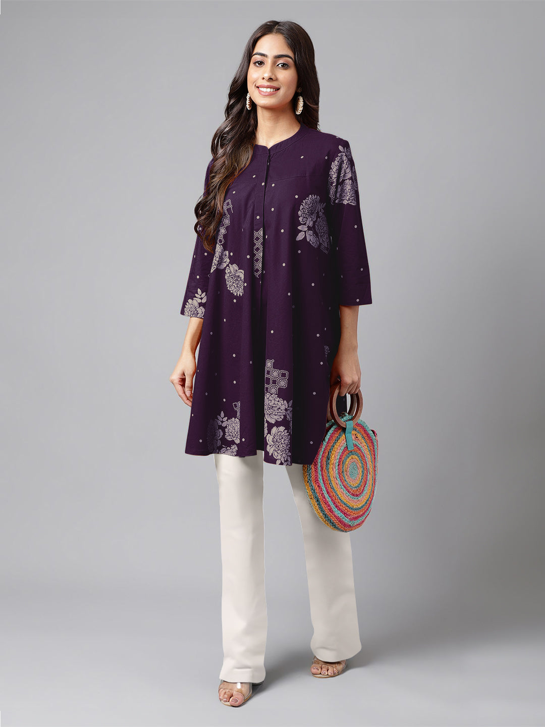 Naari By Shree Purple Pure Cotton Floral Printed Flared Tunic