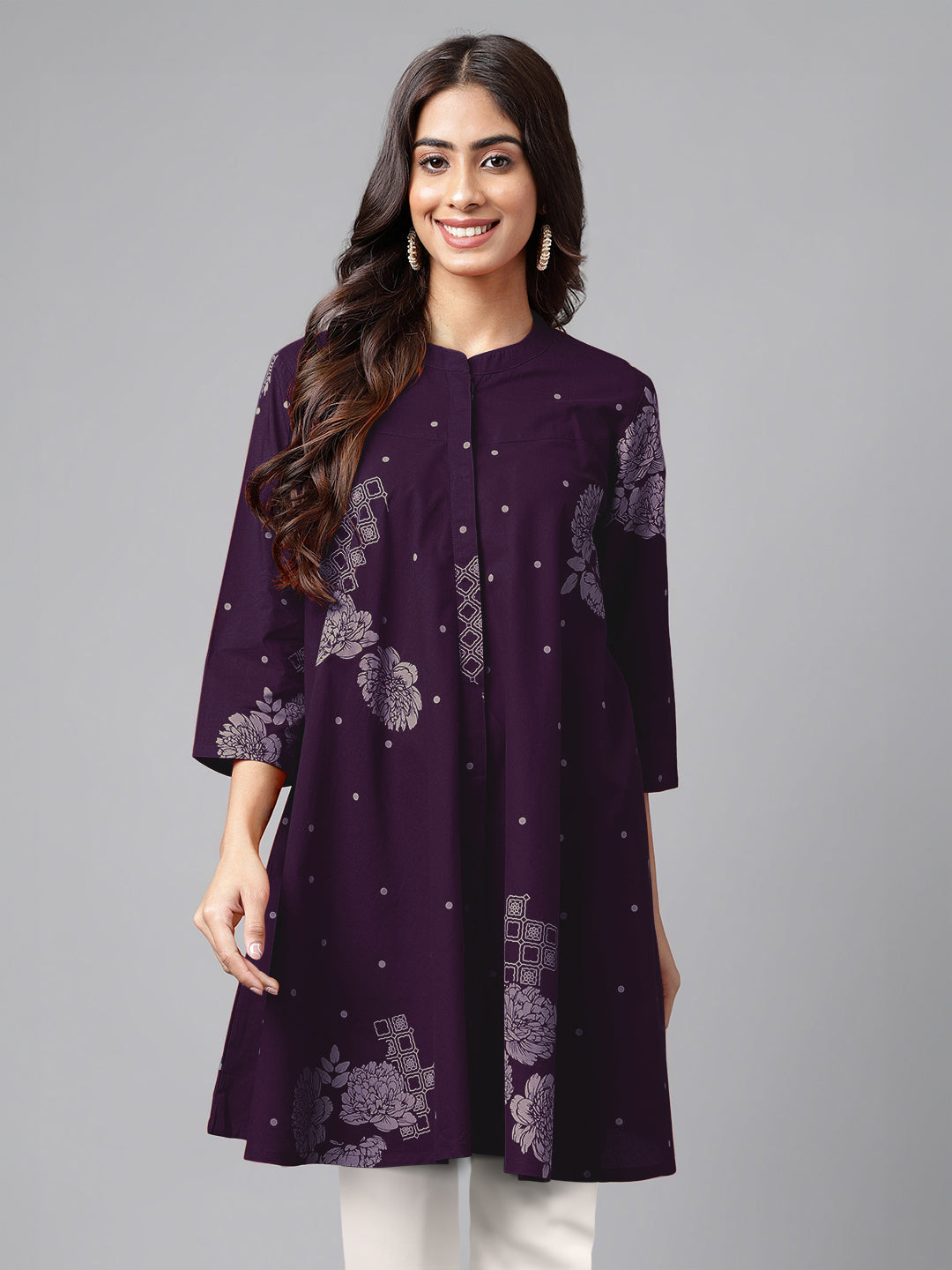Naari By Shree Purple Pure Cotton Floral Printed Flared Tunic