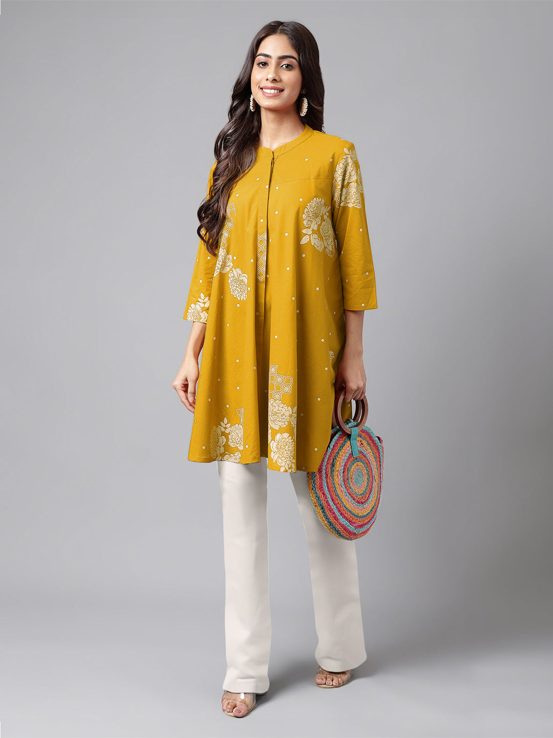 Naari By Shree Mustard Pure Cotton Floral Printed Flared Tunic