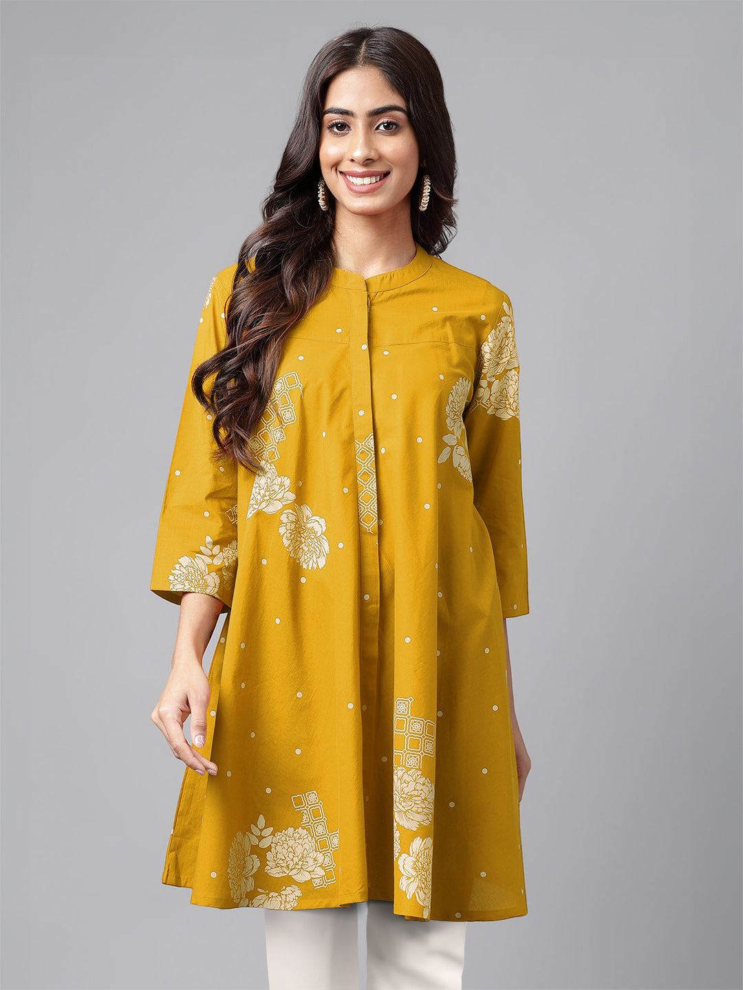 Naari By Shree Mustard Pure Cotton Floral Printed Flared Tunic