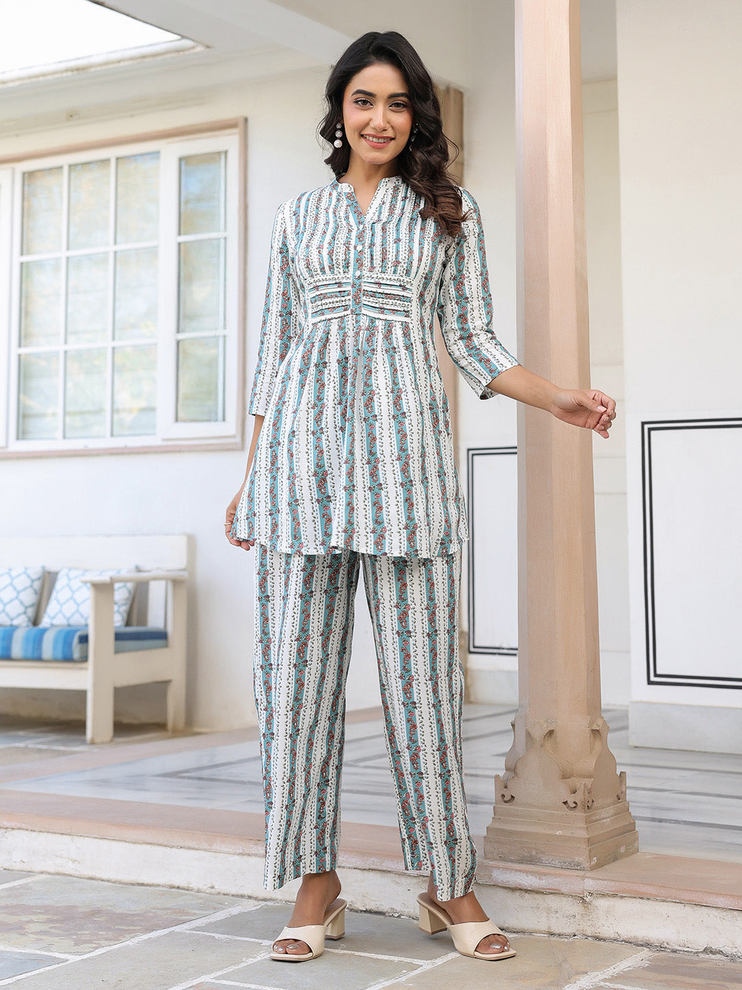 Naari By Shree White Pure Cotton Floral Printed A-line Co-ord Set