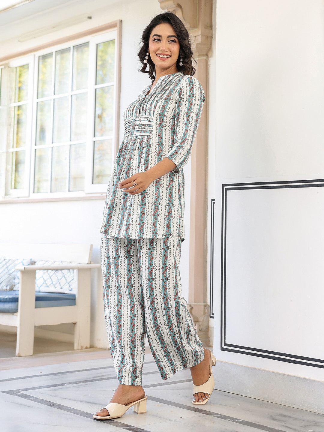 Naari By Shree White Pure Cotton Floral Printed A-line Co-ord Set