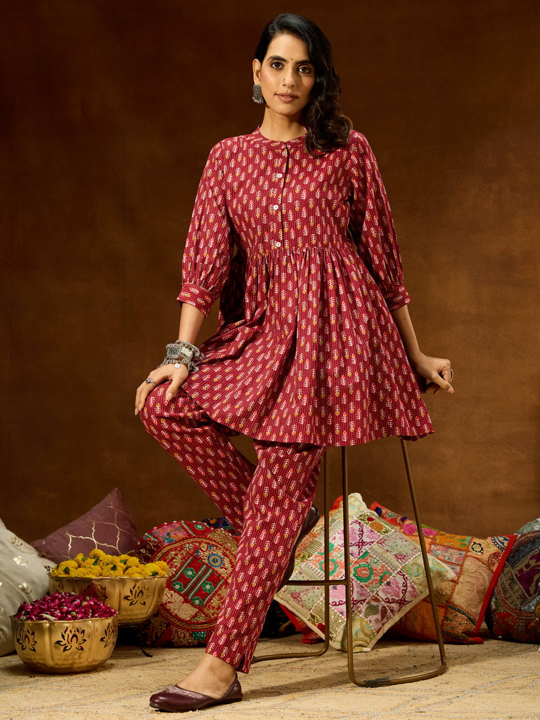 Naari By Shree Women's Maroon Pure Cotton Ethnic Motifs Printed Peplum Co-ord Set