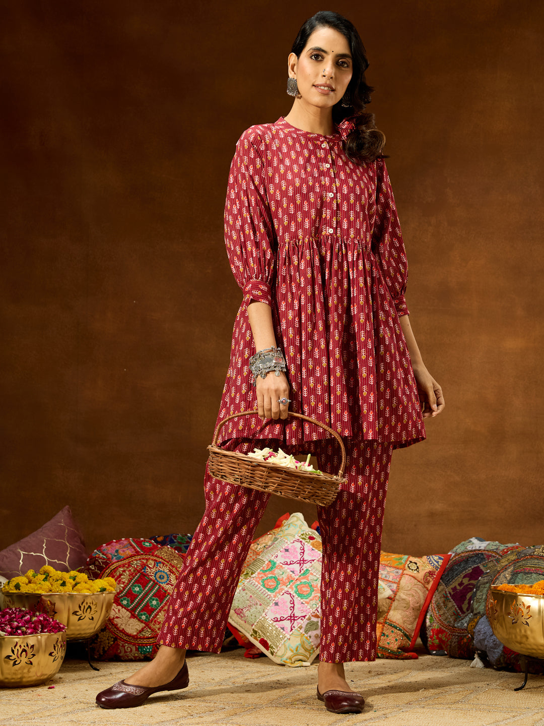 Naari By Shree Women's Maroon Pure Cotton Ethnic Motifs Printed Peplum Co-ord Set