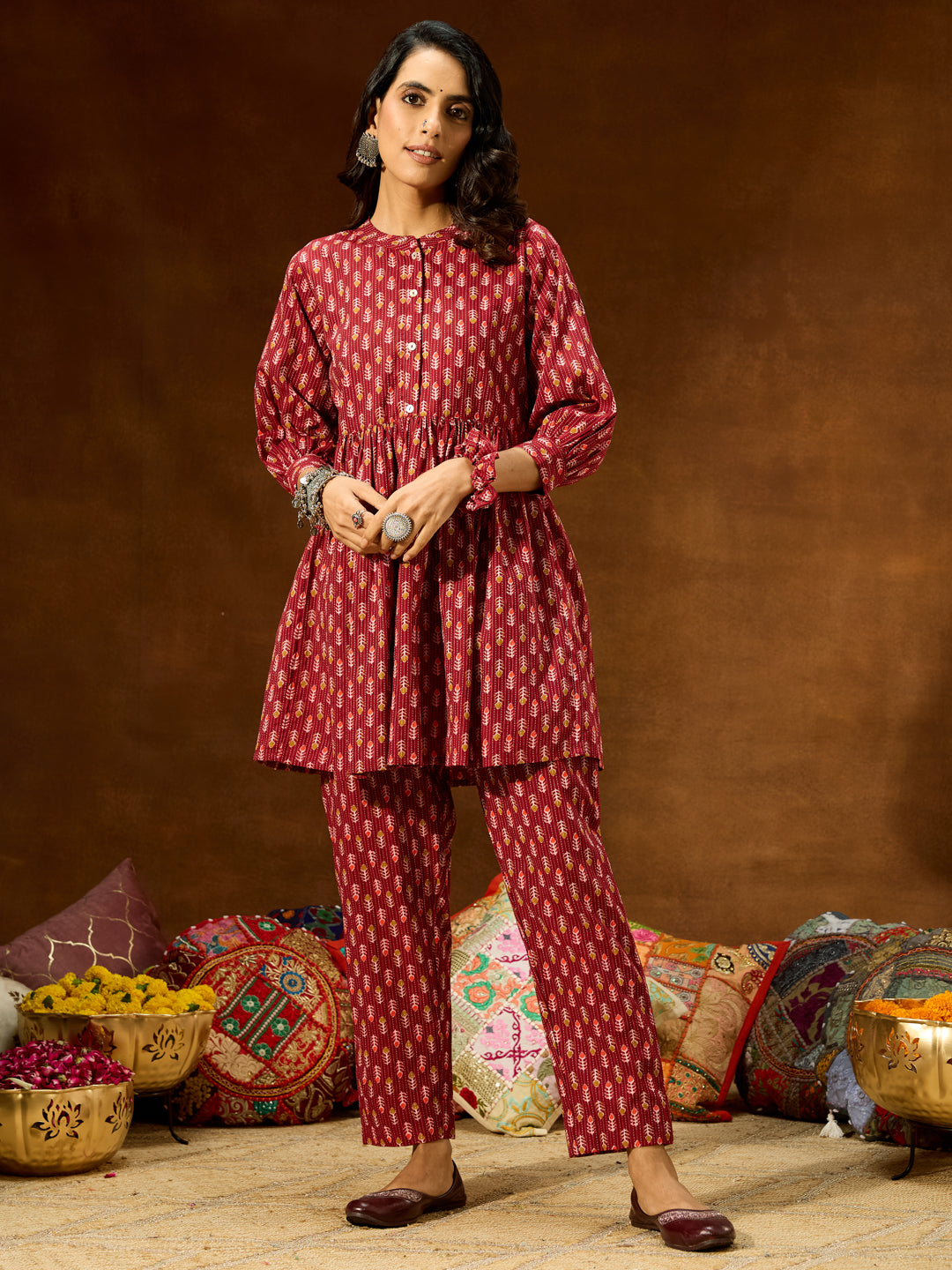Naari By Shree Women's Maroon Pure Cotton Ethnic Motifs Printed Peplum Co-ord Set