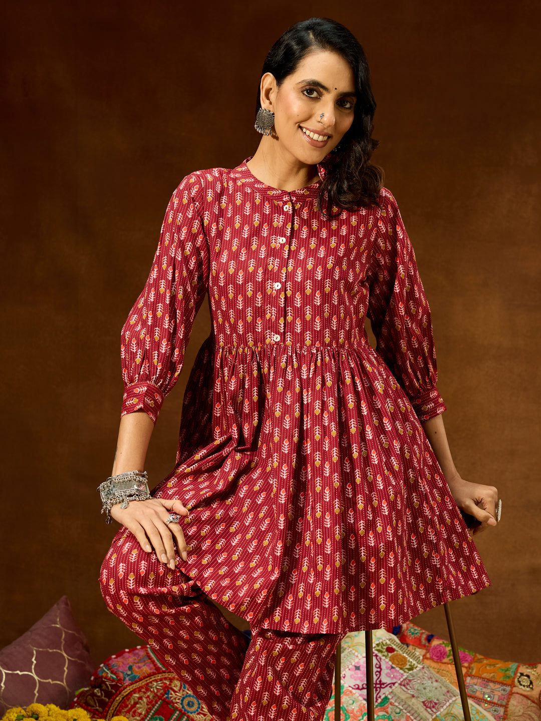 Naari By Shree Women's Maroon Pure Cotton Ethnic Motifs Printed Peplum Co-ord Set