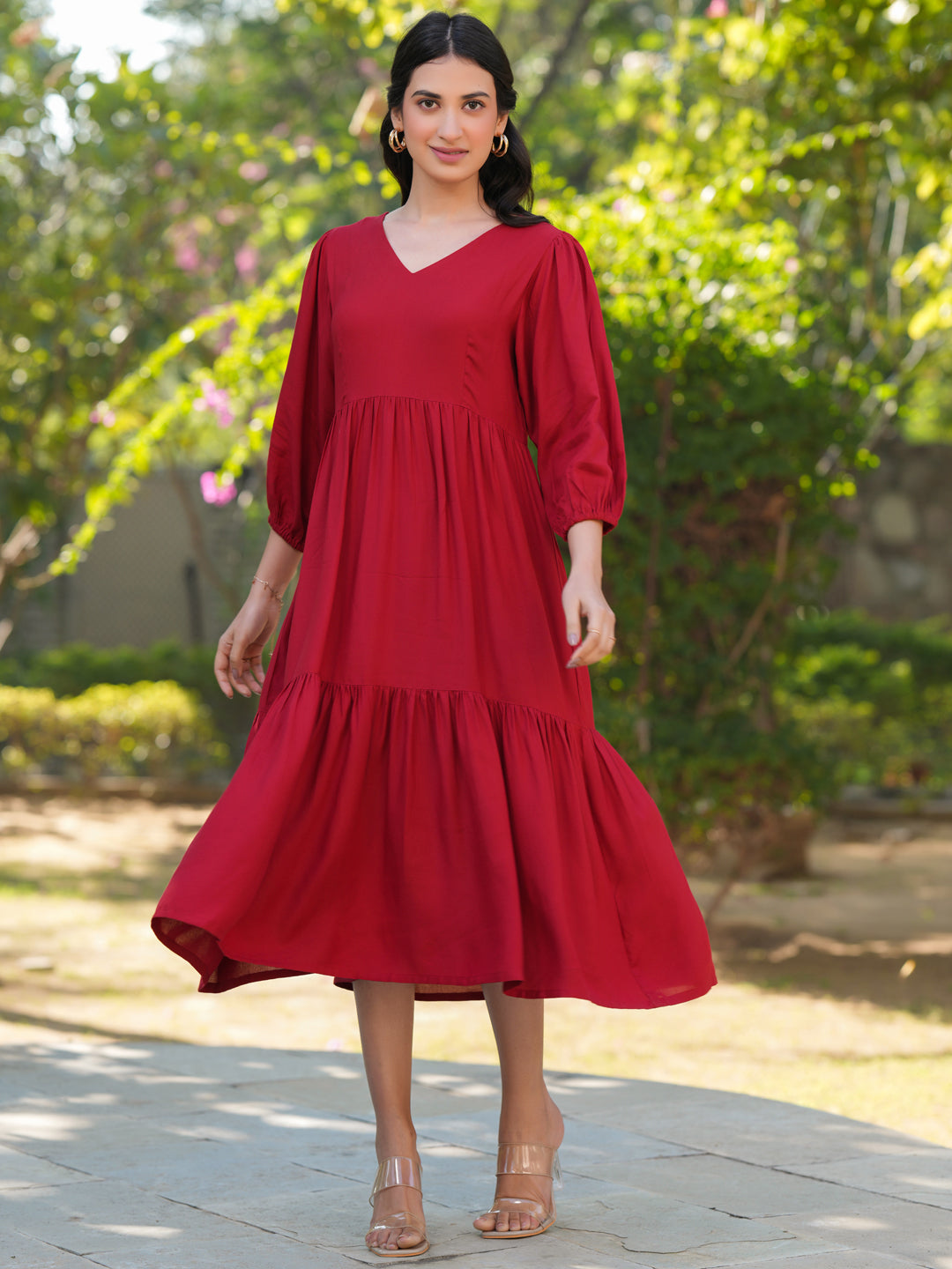 Naari By Shree Red Rayon Solid Tiered Dress