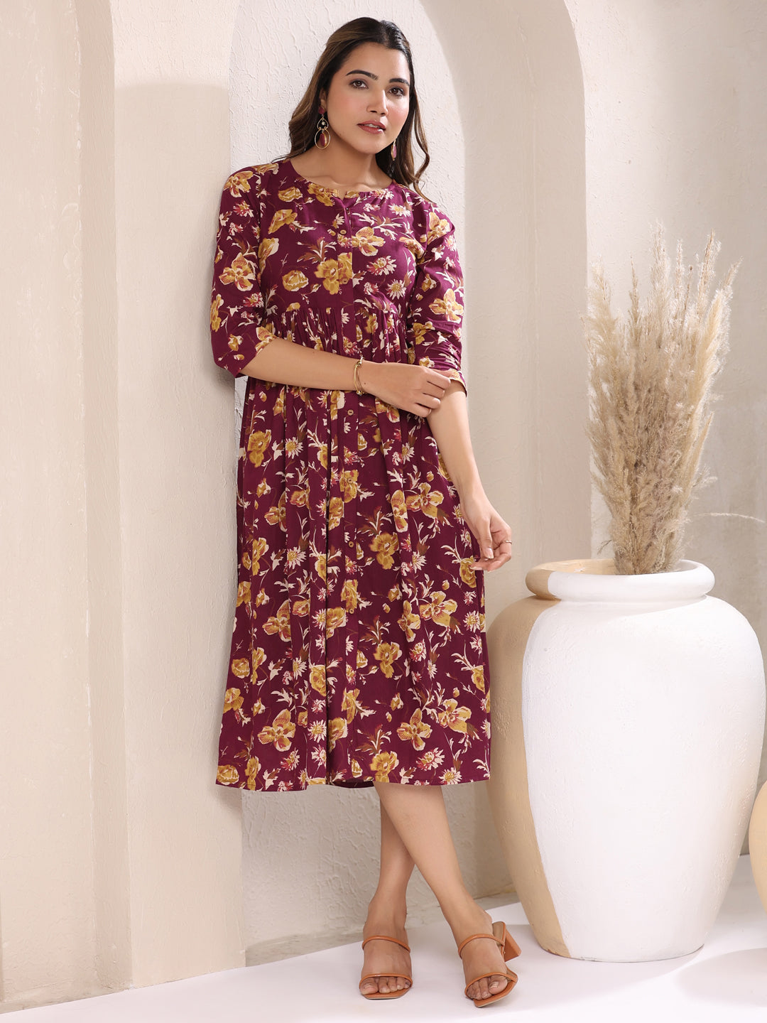 Naari By Shree Wine Pure Cotton Floral Printed Gathered Dress