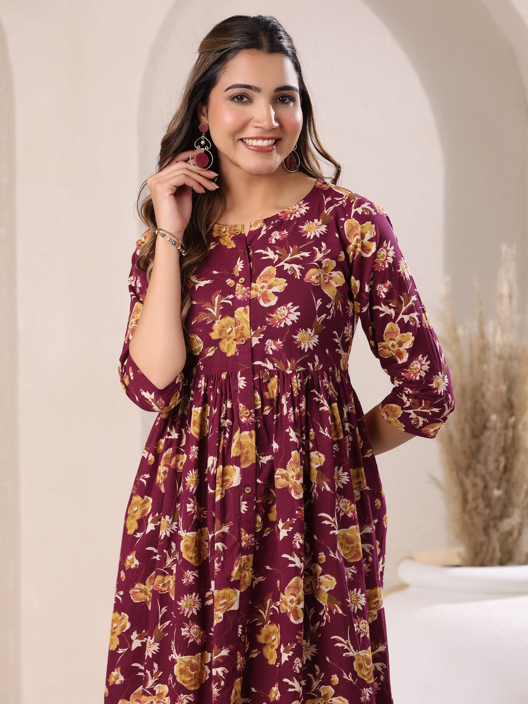 Naari By Shree Wine Pure Cotton Floral Printed Gathered Dress