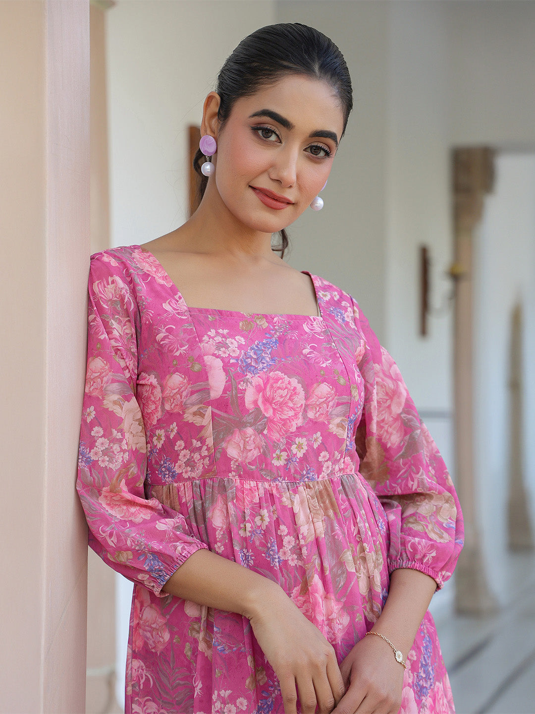 Naari By Shree Pink Georgette Floral Printed Tiered Dress