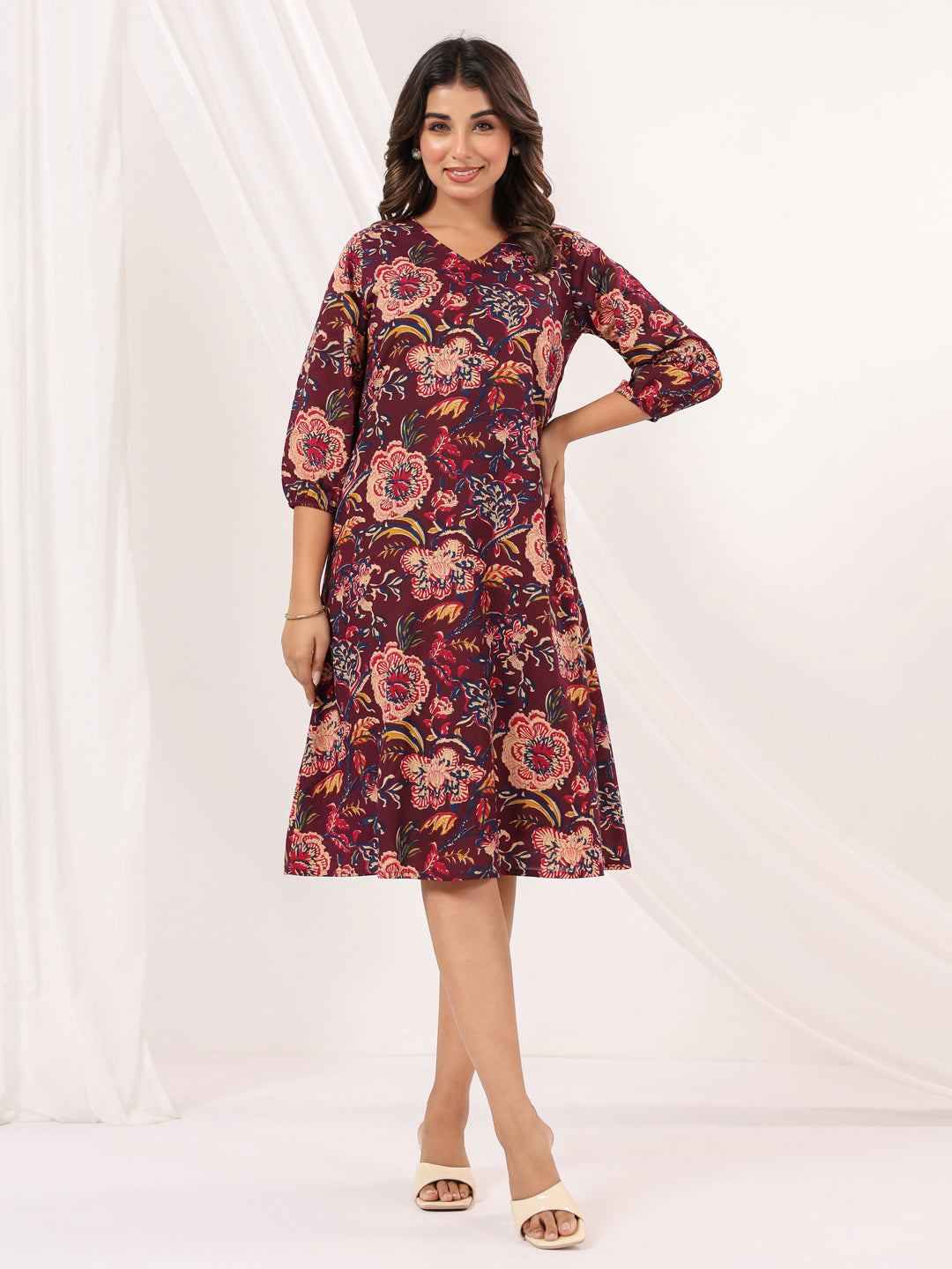 Naari By Shree Women's Wine Pure Cotton Floral Peinted A-line Dress