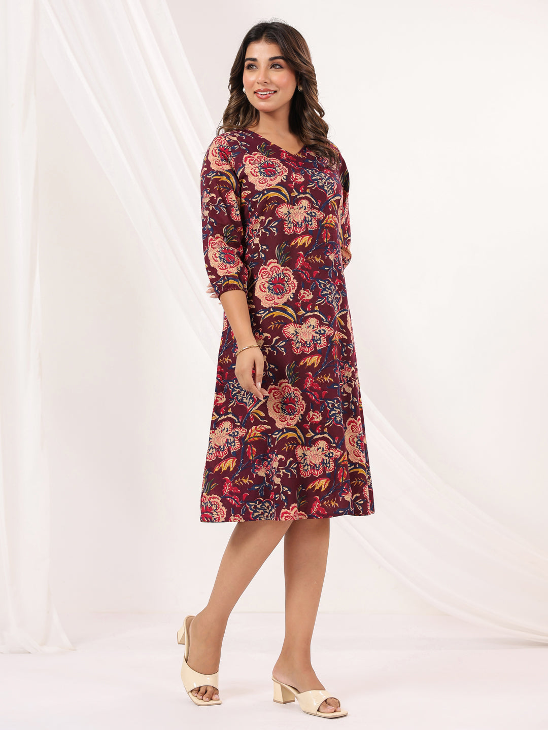 Naari By Shree Women's Wine Pure Cotton Floral Peinted A-line Dress