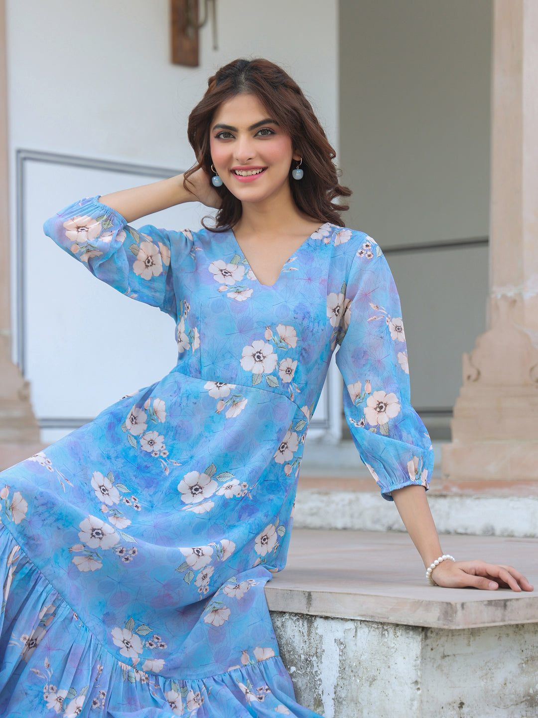 Naari By Shree Blue Georgette Floral Printed A-line Dress
