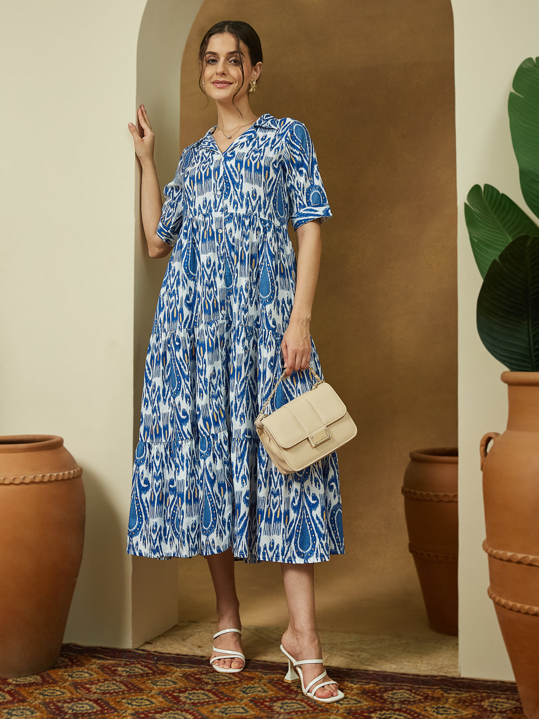 Naari By Shree Women's Indigo Blue Linen Cotton Ikkat Printed Tiered Dress