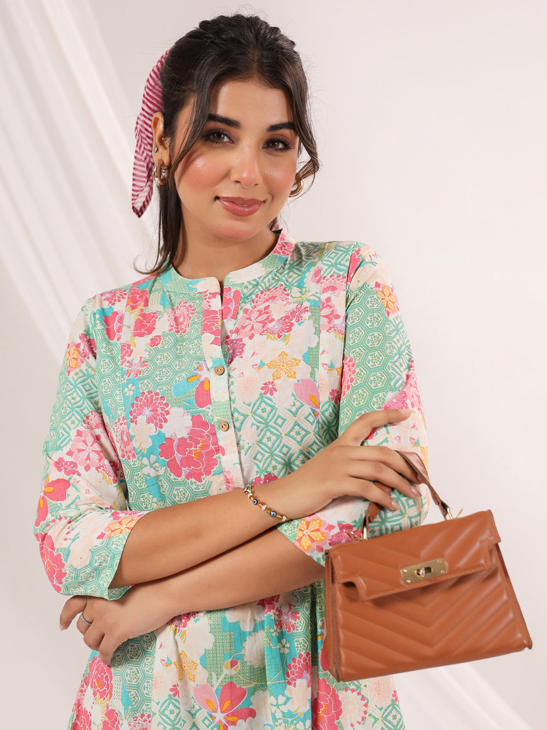 Naari By Shree Women's Mint Green Pure Cotton Floral Printed A-line Dress