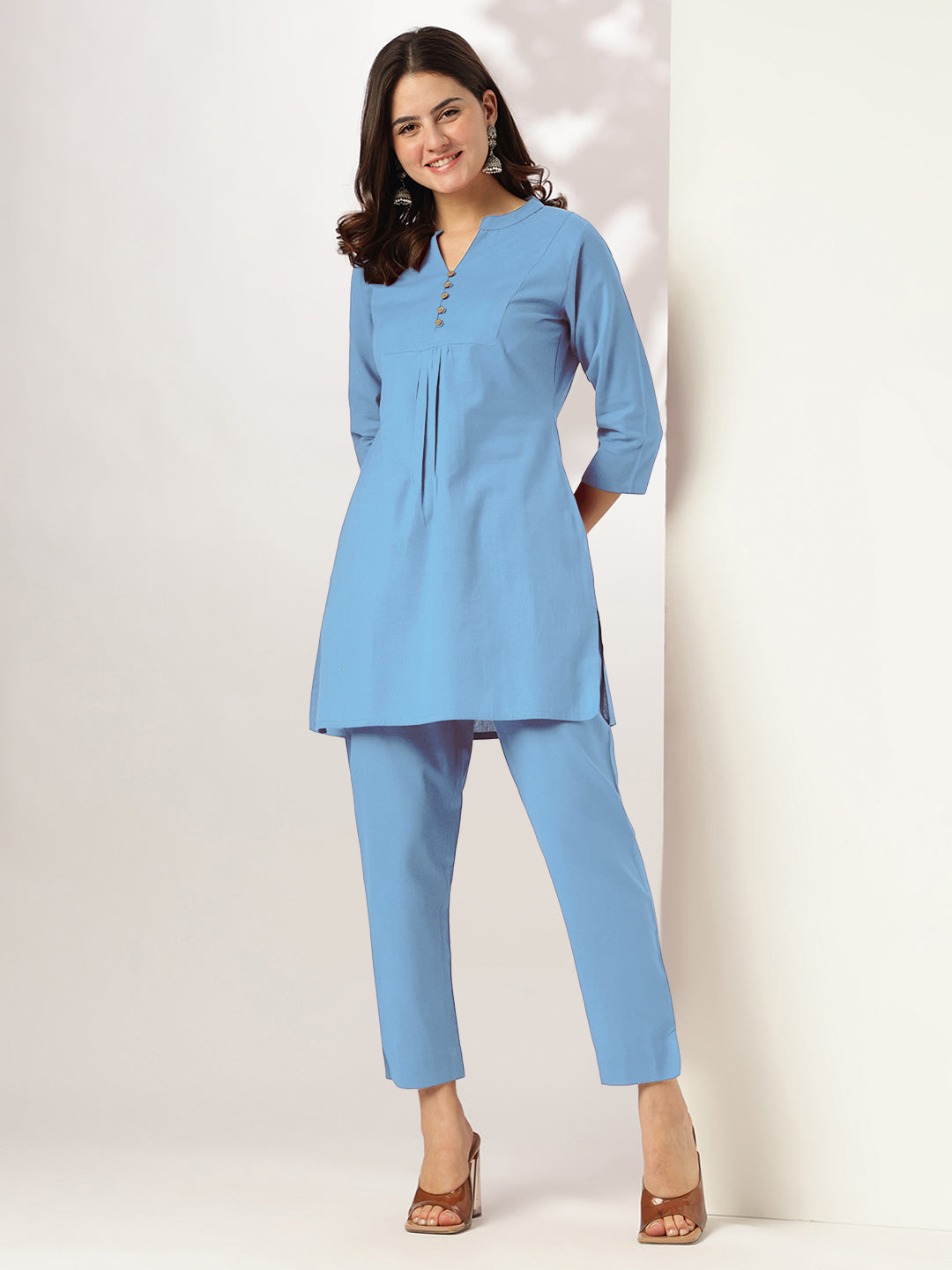 Naari By Shree Women's Light Blue Cotton Solid A-line Co-ord Set