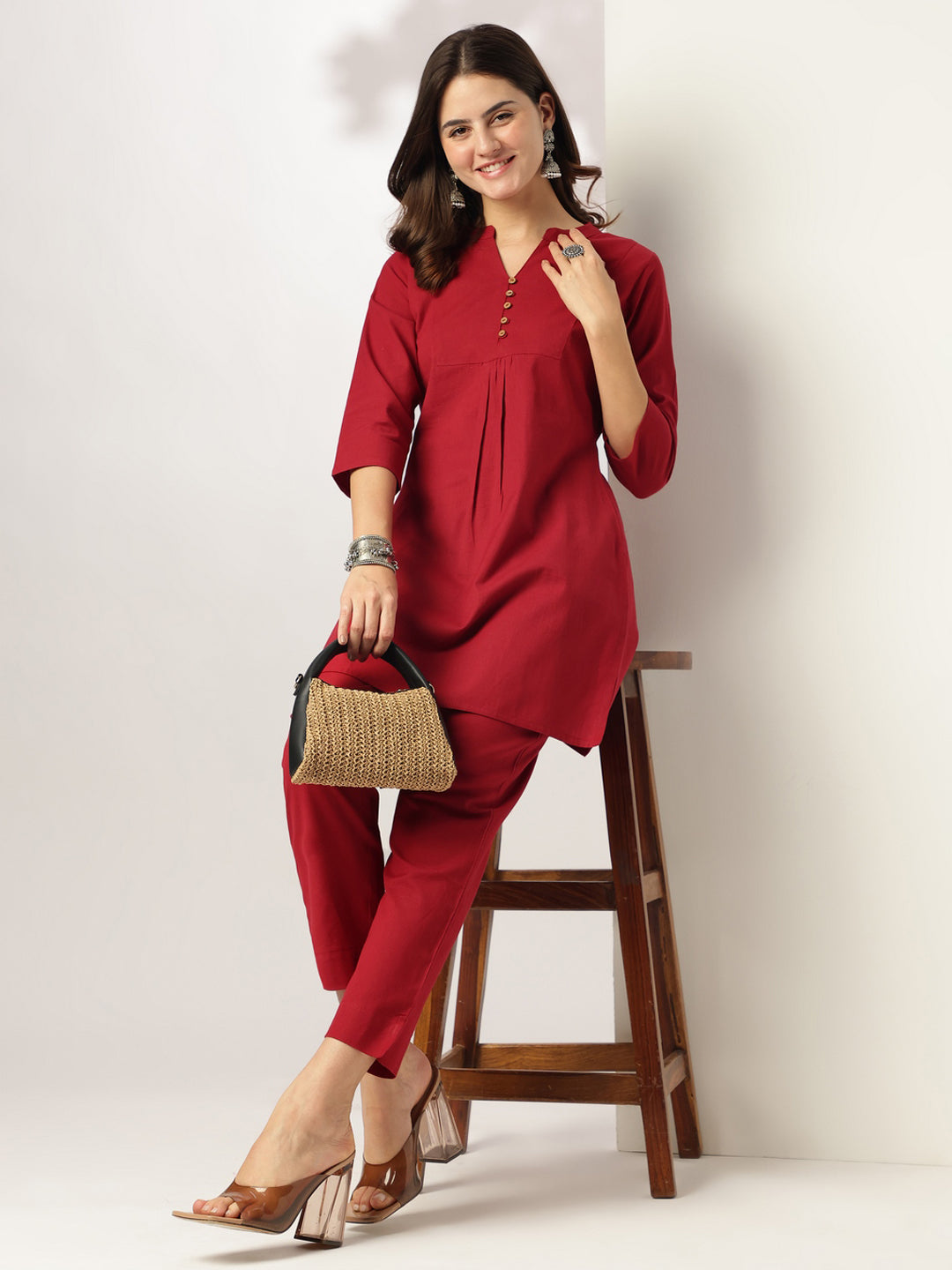 Naari By Shree Maroon Cotton Solid A-line Co-ord Set