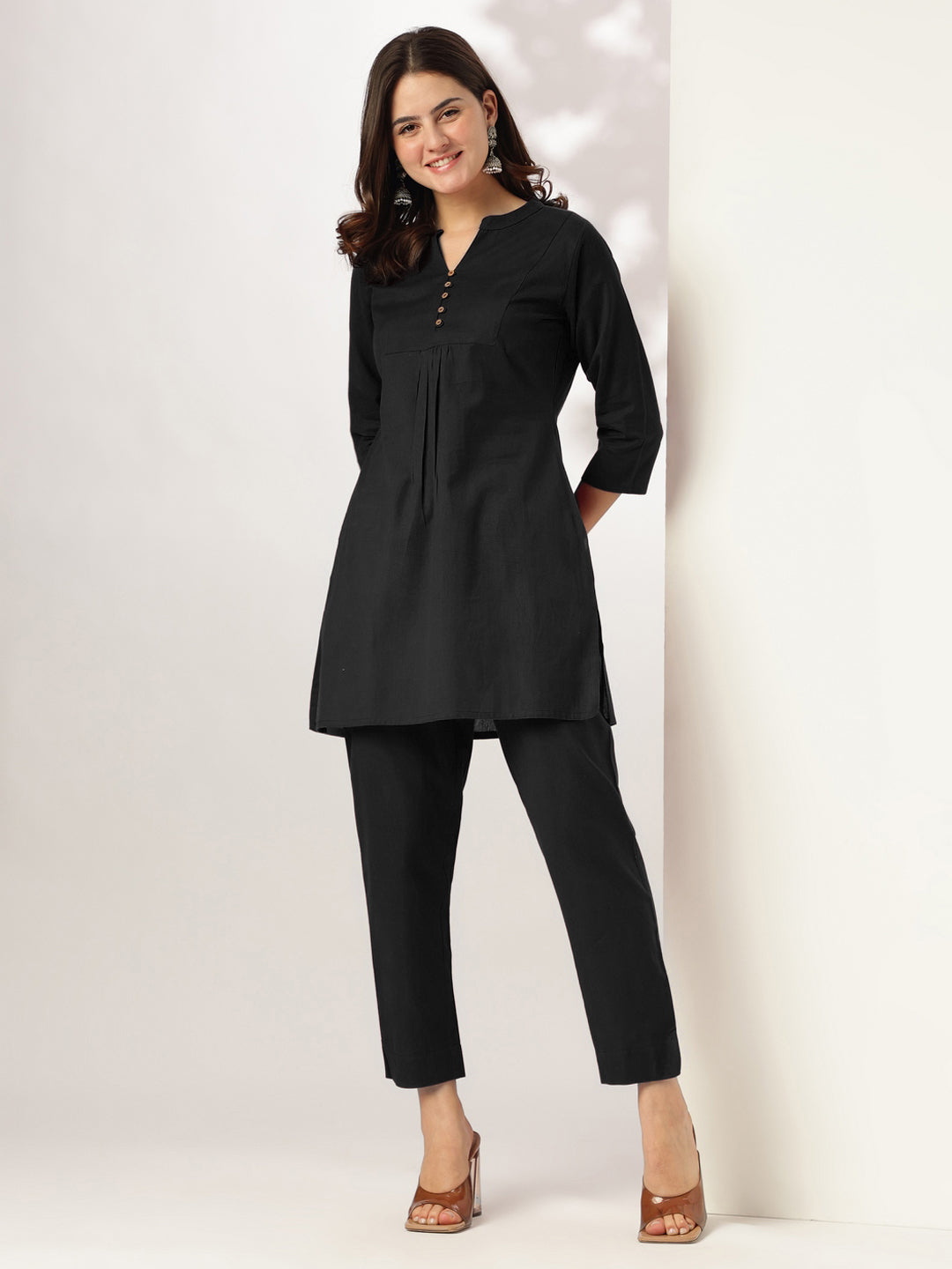 Naari By Shree Women's Black Cotton Solid A-line Co-ord Set