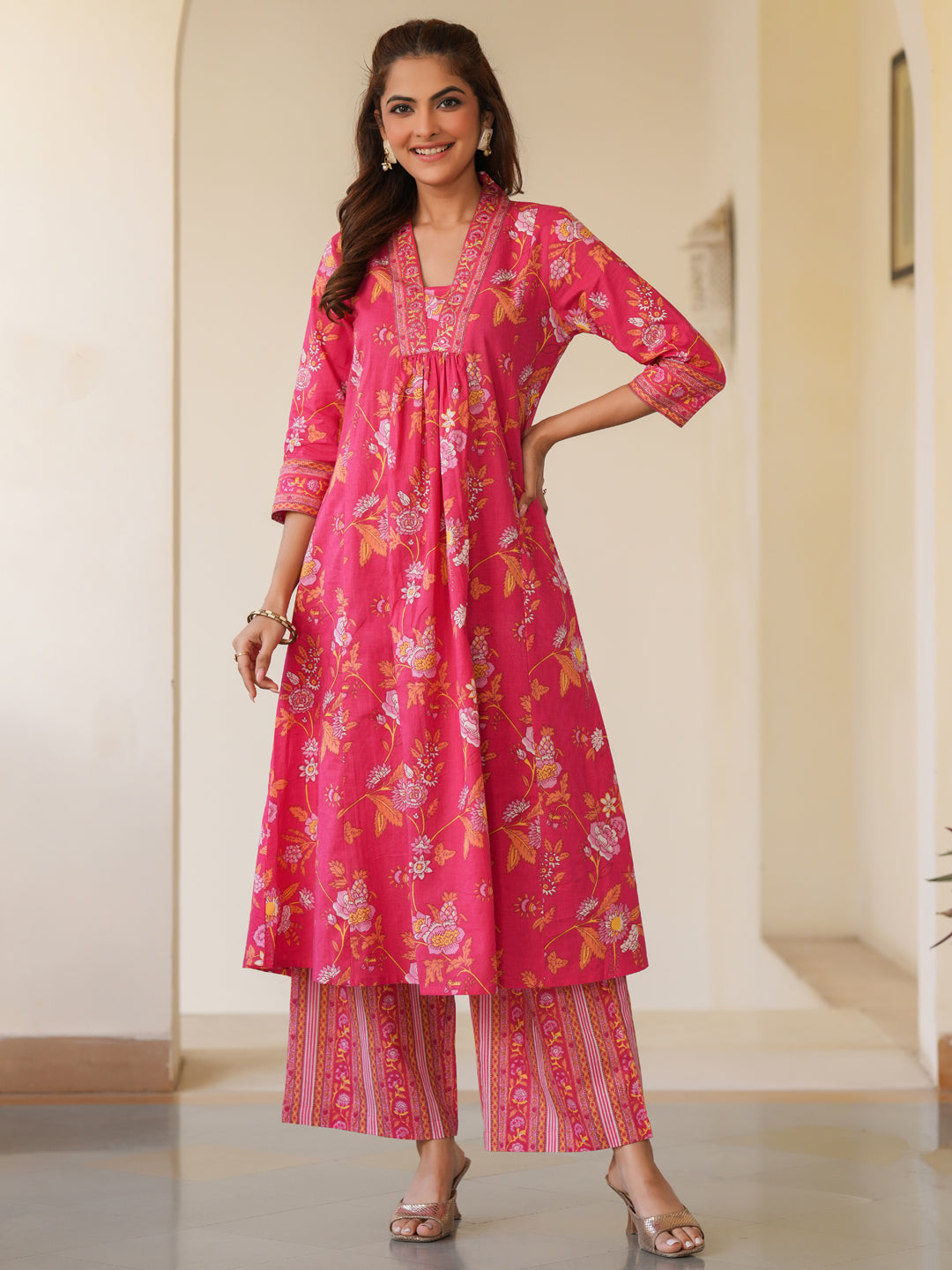 Naari By Shree Pink Pure Cotton Floral Printed A-line Kurta Pant Set