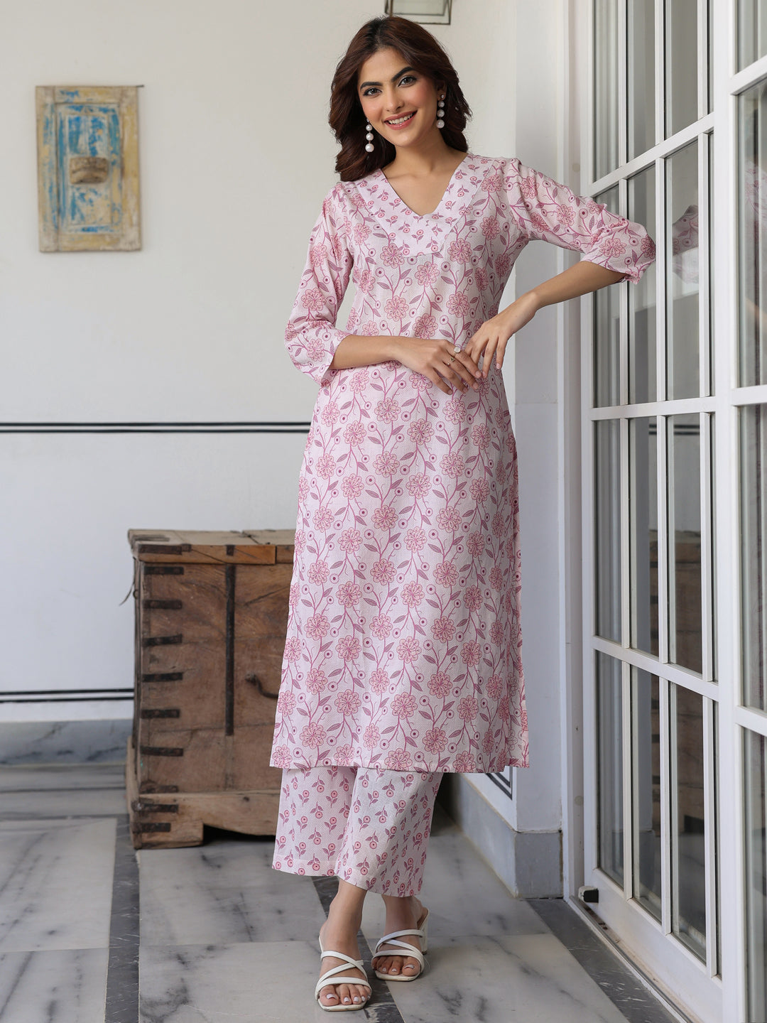 Naari By Shree Light Pink Pure Cotton Floral Printed Straight Kurta Pant Set