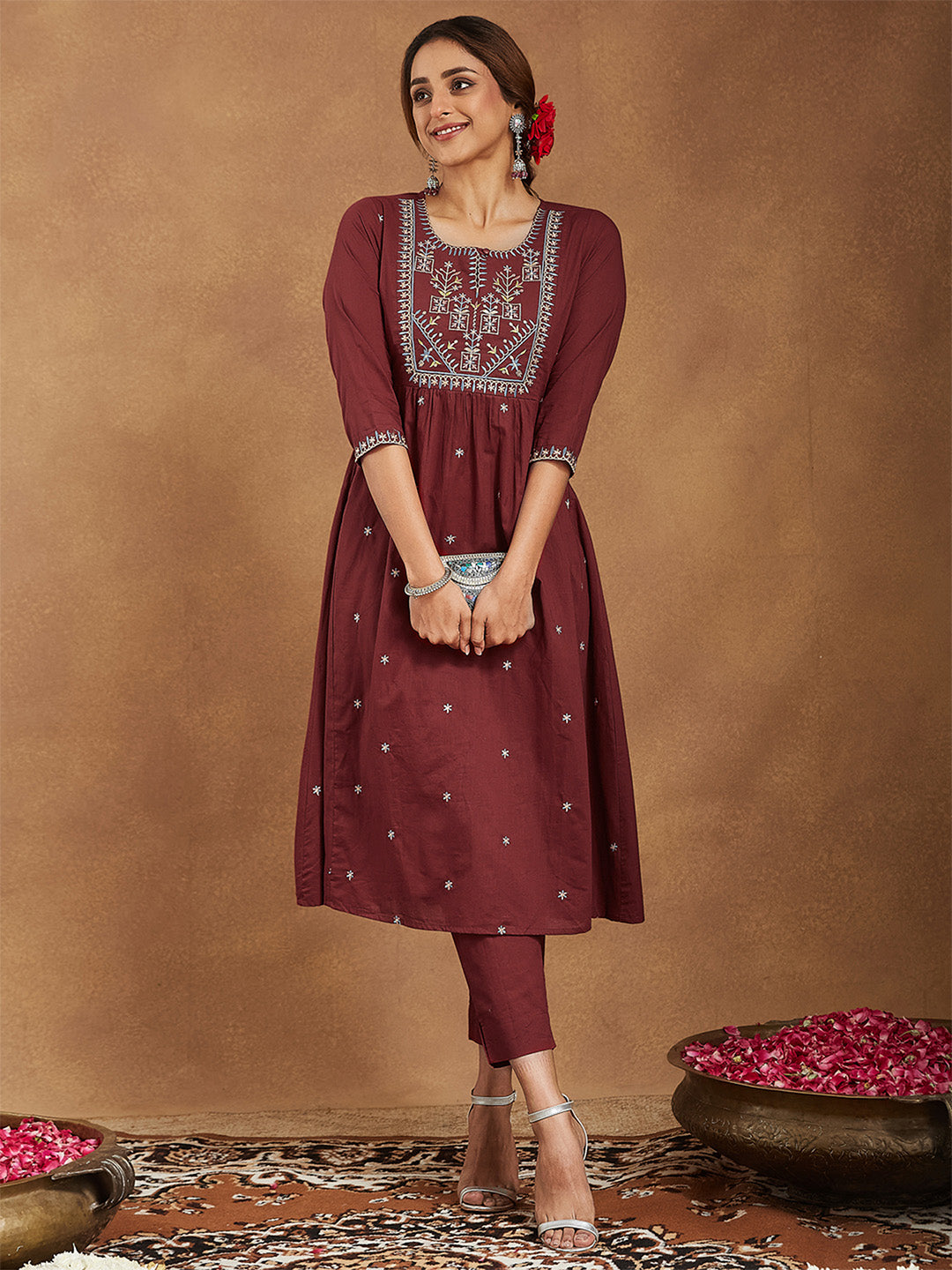 Naari By Shree Women's Maroon Pure Cotton Embroidered A-line Kurta With Pant Set