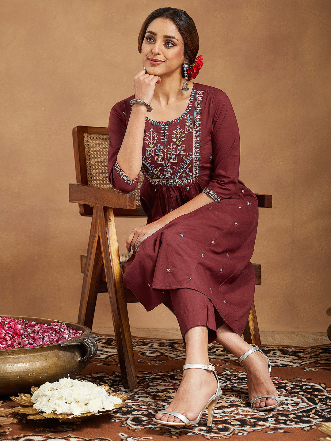 Naari By Shree Women's Maroon Pure Cotton Embroidered A-line Kurta With Pant Set