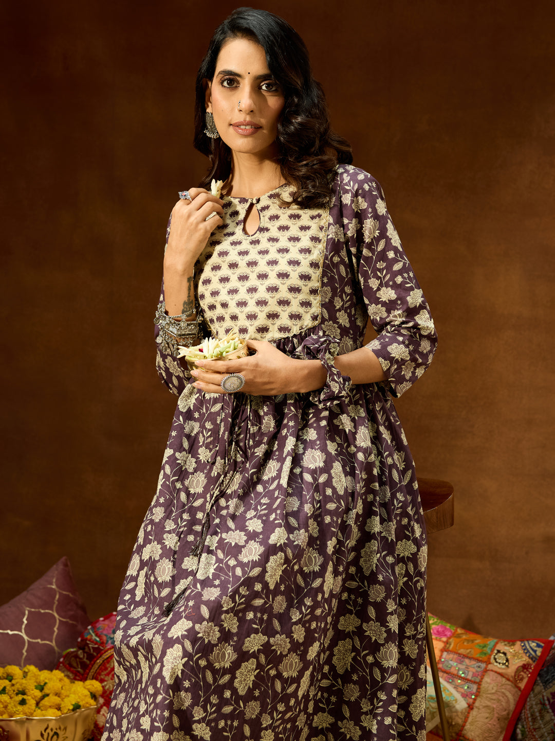 Naari By Shree Women's Purple Pure Cotton Floral Printed A-line Kurta Pant Set