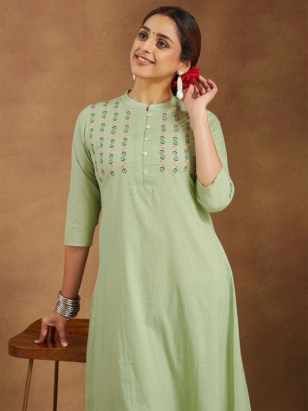 Naari By Shree Women's Mint Green Pure Cotton Embroidered A-line Kurta Pant Set