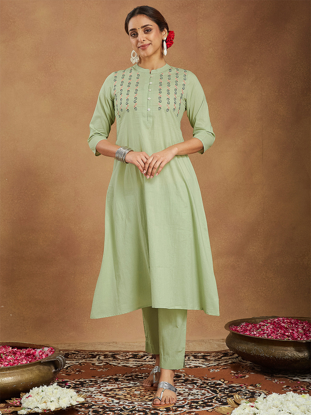 Naari By Shree Women's Mint Green Pure Cotton Embroidered A-line Kurta Pant Set
