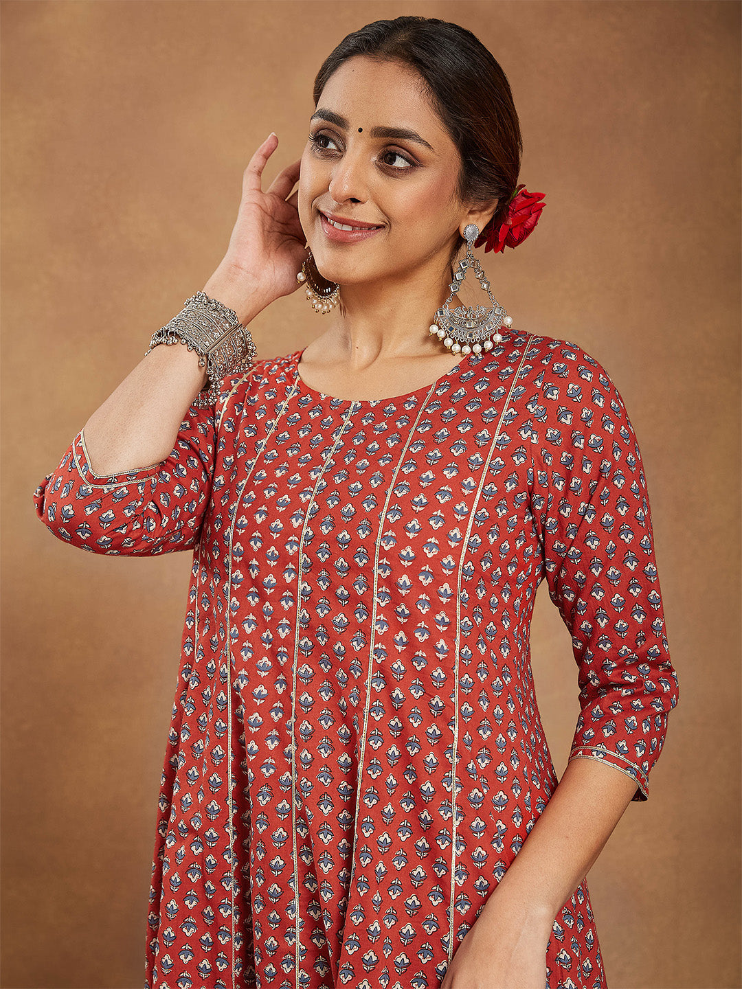 Naari By Shree Women's Red Pure Cotton Floral Printed Anarkali Kurta With Palazzo Set